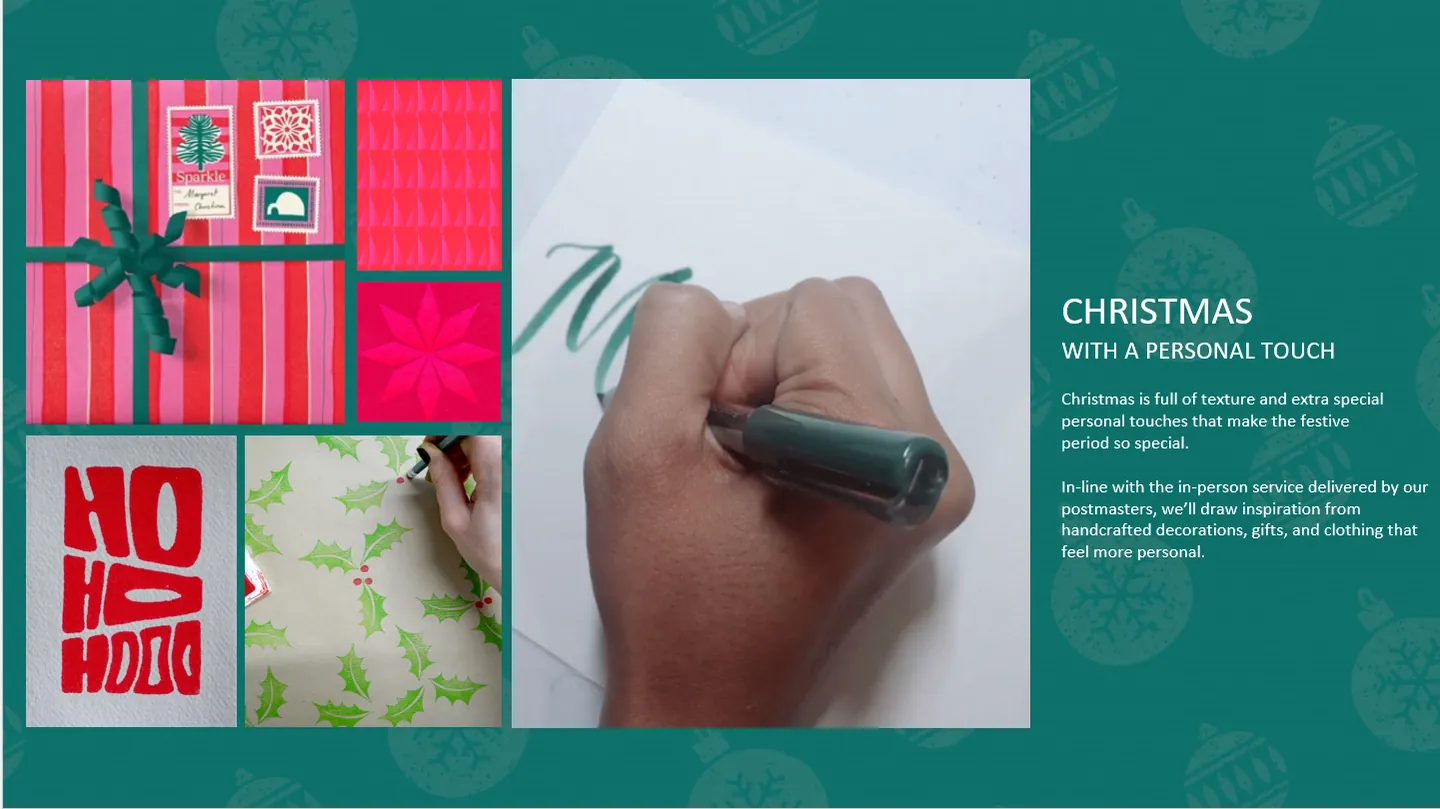 Christmas with a personal touch: handcrafted wrapping, stamps, printed patterns and hand-lettered cards.