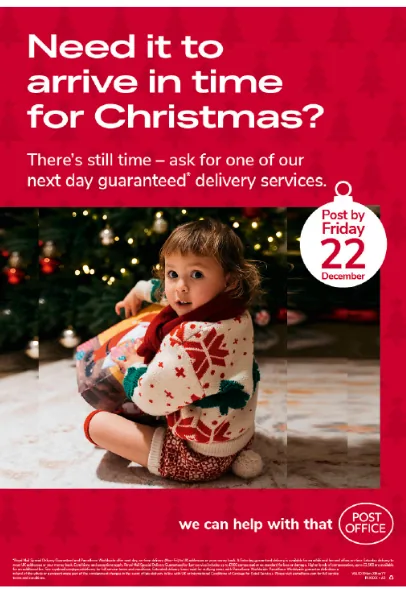 Post Office Christmas poster: next day guaranteed delivery services, post by Friday 22 December.