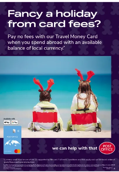 Post Office Christmas poster: Travel Money Card, no fees when you spend abroad.
