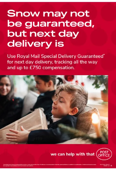 Post Office Christmas poster: Royal Mail Special Delivery Guaranteed next day delivery.