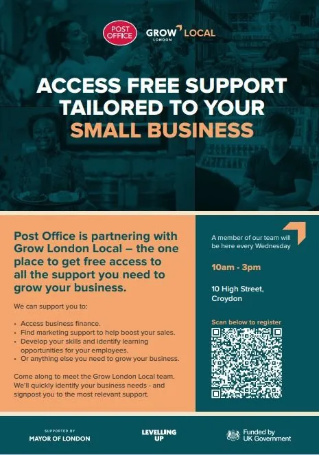 Grow London Local and Post Office leaflet offering free tailored support to small businesses, with session times, a branch address and a registration QR code